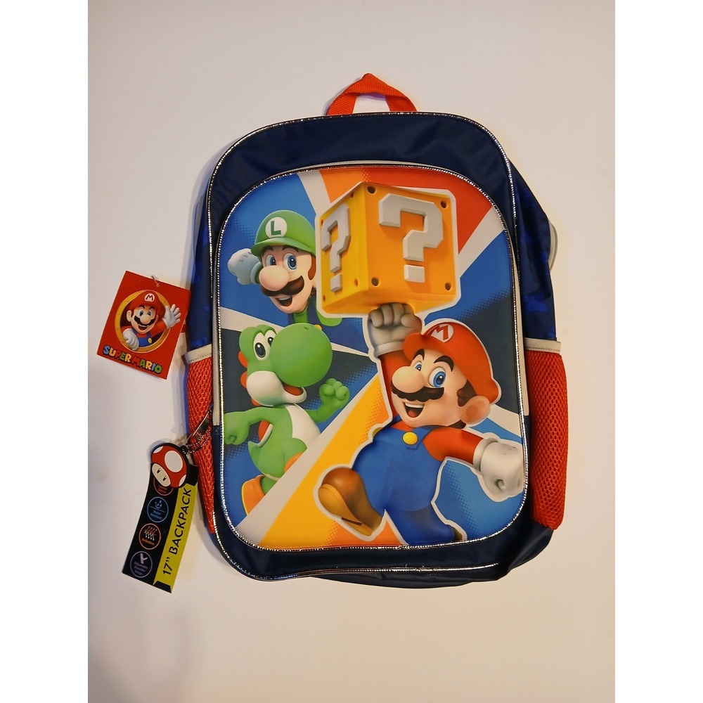 Nintendo Super Mario Bros 17in Graphic Backpack Kids Mario Luigi Yoshi Blue NWT